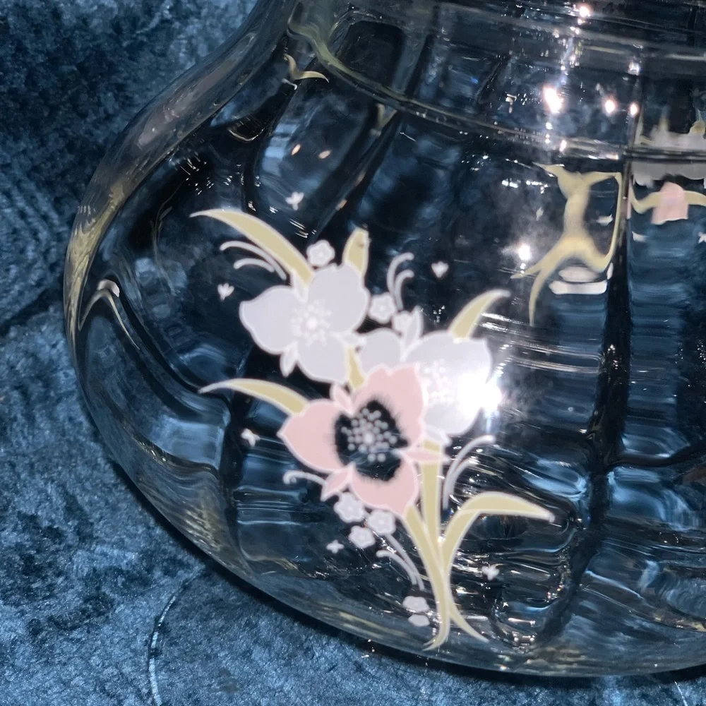 Vintage Pastel Floral Clear Glass Apothecary Pedestal Jar Round Bubble Potbelly